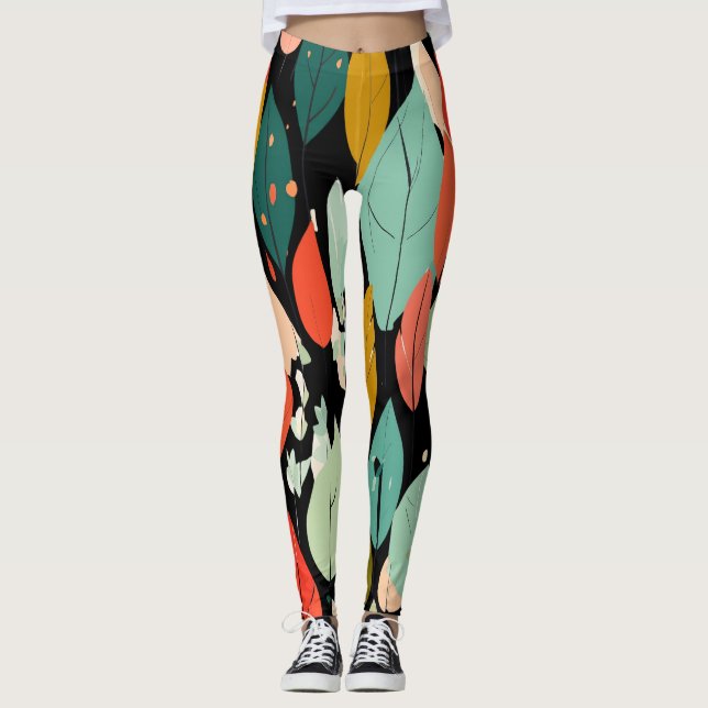 Legging Padrão Moderno de Folhas de Outono (Frente)