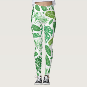 Legging Padrão Moderno de Folhetos Tropicais Verdes