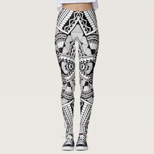 Legging Padrão moderno de tatuagem de preto e branco (Frente)