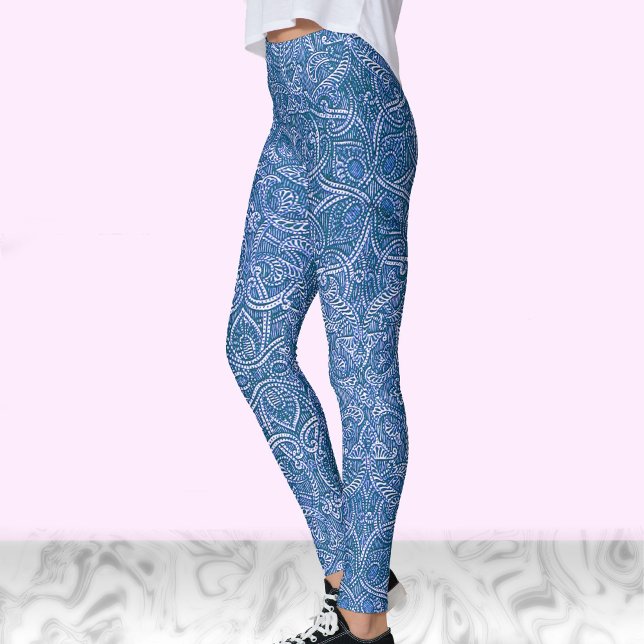 Legging Padrão moderno de tendência na moda azul e branco (Criador carregado)
