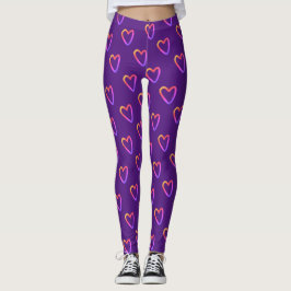 Legging Padrão Moderno Roxo Com Corações de Arco-Íris