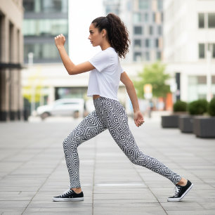 Legging Padrão Mosaico de Ilusões Ópticas a Preto e Branco