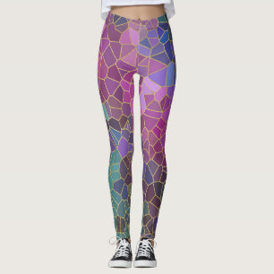 Legging Padrão mosaico do verde azul-claro-roxo rosa Doura