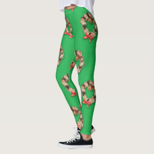 Legging Padrão Natalino Vintage, Coroas Florais em Verde