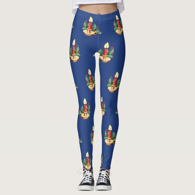 Legging Padrão Natalino Vintage, Velas e Azevinho (Frente)