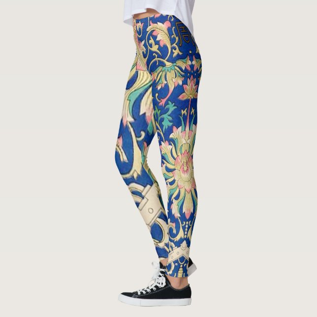 Legging Padrão Oriental Floral Antigo Azul Real Profundo (Esquerda)