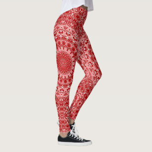 Legging Padrão Ornamental de Mandala Vermelho e Branco