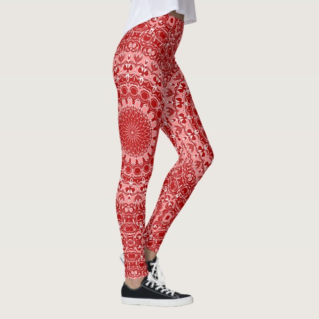 Legging Padrão Ornamental de Mandala Vermelho e Branco (Direita)