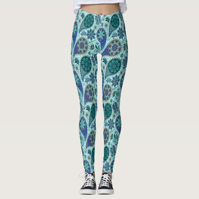 Legging Padrão Paisley Ornamentado Azul (Frente)