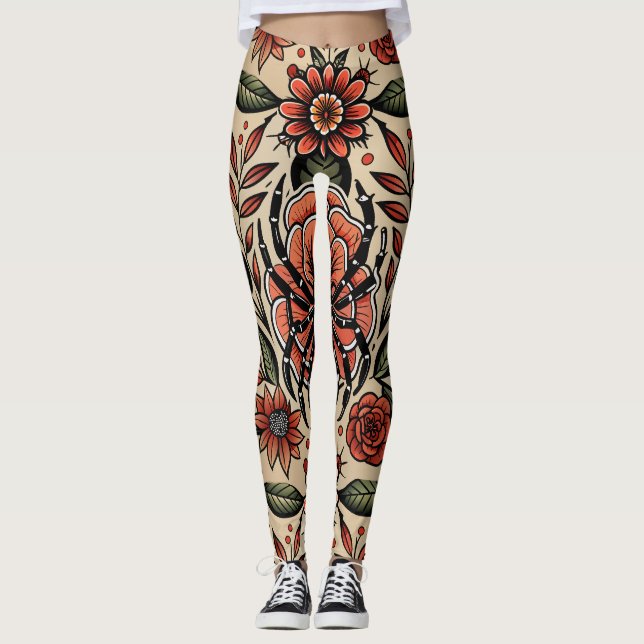 Legging Padrão Personalizado Floral do Spider de Tatuagem  (Frente)