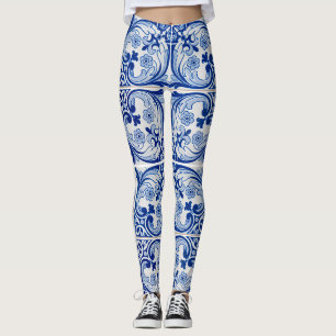 Legging Padrão português de azulejos azuis e brancos