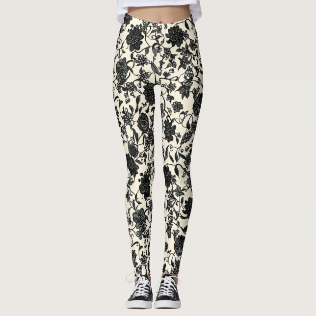 Legging Padrão Preto de Flor Lactato (Frente)