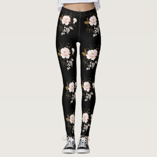 Legging Padrão Preto Delicado Elegante Flores Douradas Ros