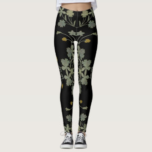 Legging Padrão Preto Dourado Cinza Floral Ornamental Moder