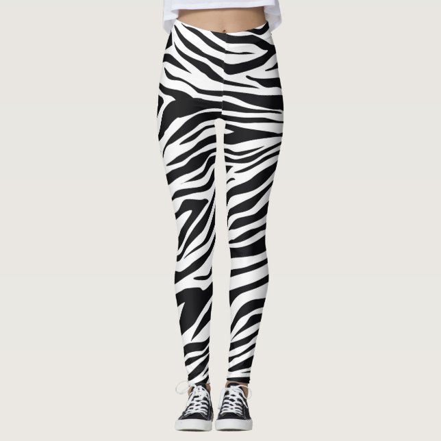 Legging Padrão Preto e Branco de Faixa de Zebra Selvagem (Frente)