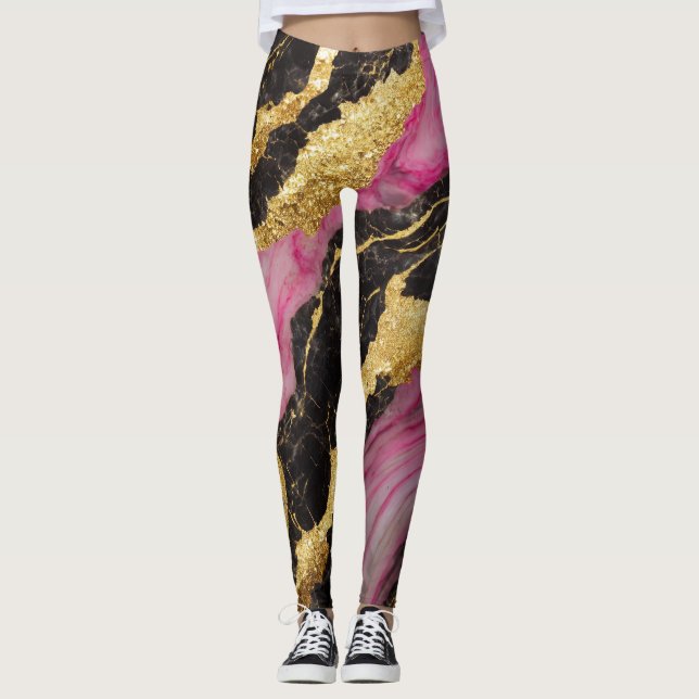 Legging Padrão preto rosa-mármore com Dourado (Frente)