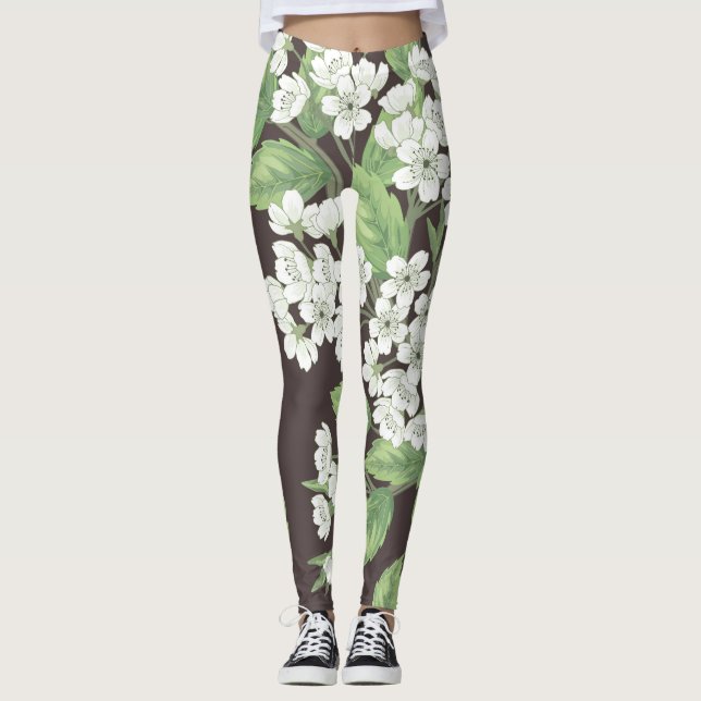 Legging padrão primavera, ramos verdes sem soldadura. (Frente)