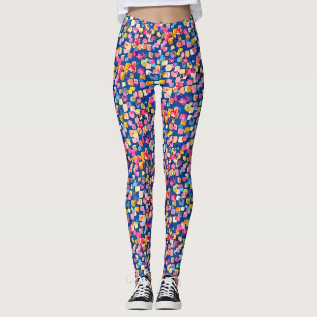 Legging Padrão Quadrado Abstrato Pintado com Cores Vibrant (Frente)