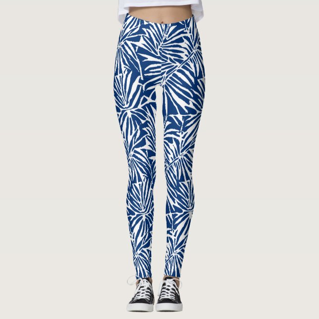 Legging Padrão Repetitivo De Folha Tropical Branca E Azul (Frente)