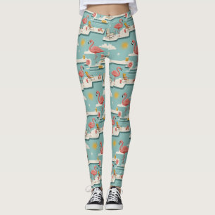 Legging Padrão Retro de Verão de Flamingo à Beira da Pisci