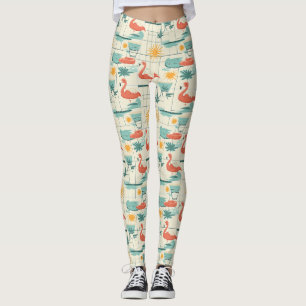 Legging Padrão Retro de Verão de Flamingo à Beira da Pisci