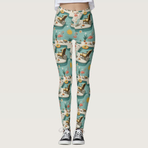 Legging Padrão Retro de Verão de Flamingo à Beira da Pisci