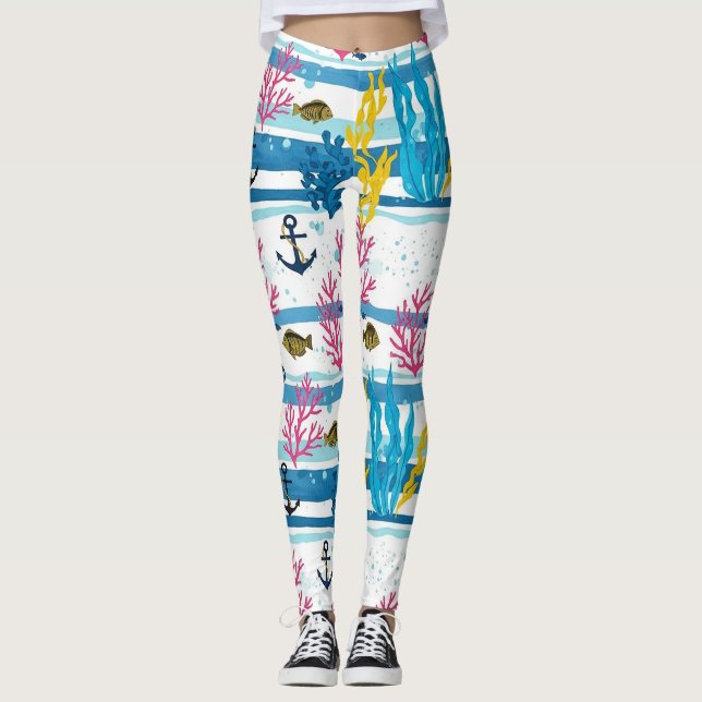 Legging Padrão Retro Náutico de Aquarela (2) (Frente)