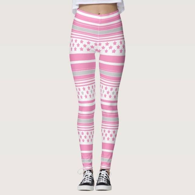 Legging Padrão rosa listrado com estrelas (Frente)