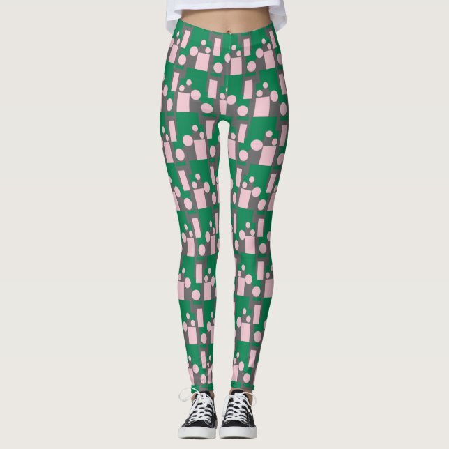 Legging Padrão Rosa Verde abstrato com Círculos e Linhas (Frente)