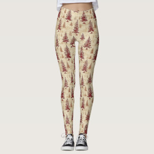 Legging Padrão Rústico Creme Borgonha Floresta de Pinheiro