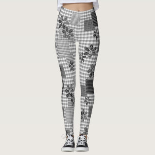 Legging Padrão rústico de retalhos preto e branco retrô