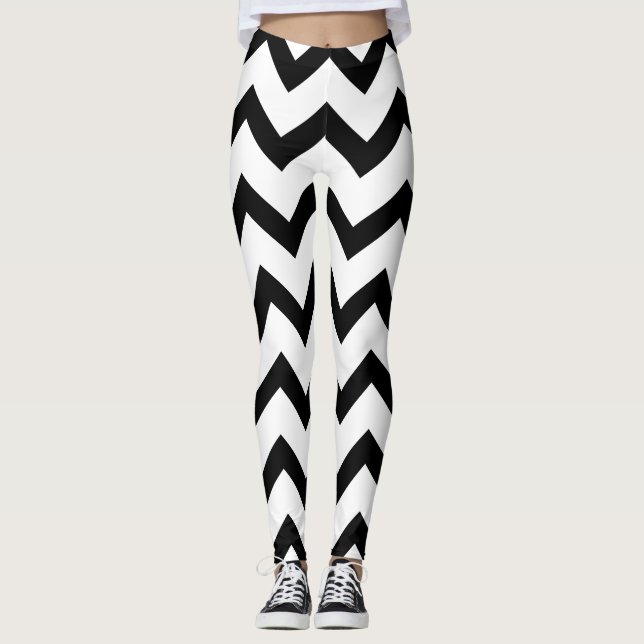 Legging Padrão Simples de Chevron Preto e Branco (Frente)