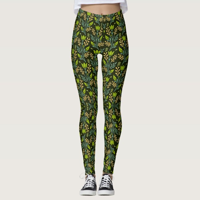Legging Padrão sofisticado de design floral azul e bege (Frente)