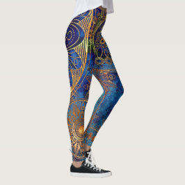 Legging Padrão Steampunk Dourado de Mandala Celestial Azul
