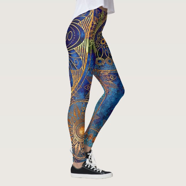 Legging Padrão Steampunk Dourado de Mandala Celestial Azul (Direita)