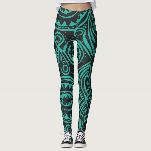 Legging Padrão Tiki Polinésio Preto e Verde  (Frente)