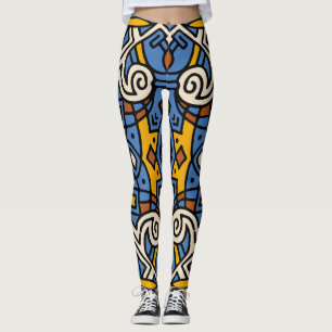Legging Padrão tribal africano azul e amarelo
