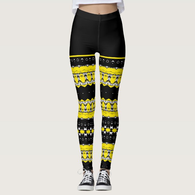 Legging Padrão Tribal Preto, Amarelo e Branco (Frente)