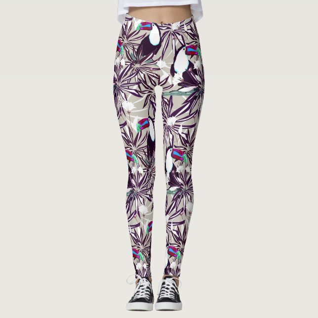 Legging Padrão tropical com palmeiras e aves. (Frente)