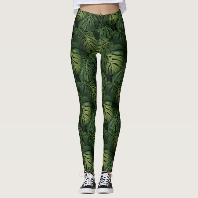Legging Padrão Tropical de Folha de Monstera (Frente)