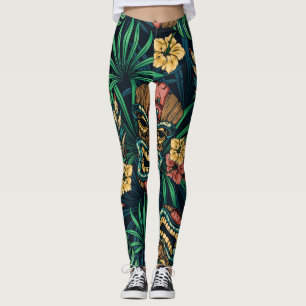 Legging Padrão Tropical de Máscara de Tiki Havaiano