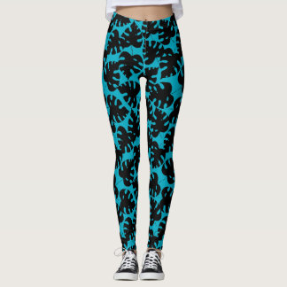 Legging Padrão tropical monstera em preto e azul aqua