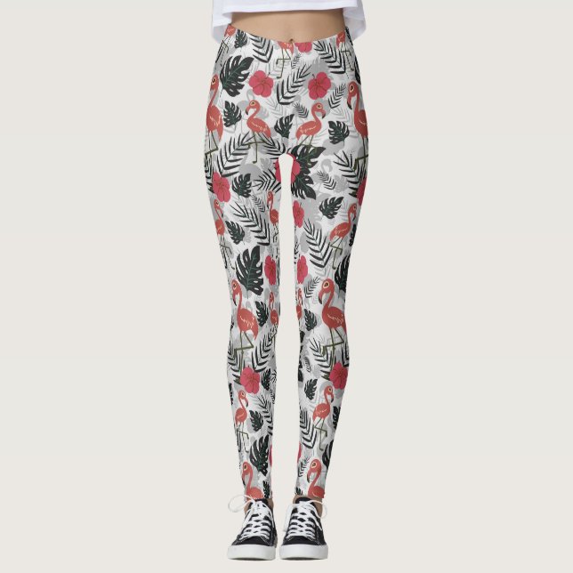 Legging Padrão uniforme Flamingo com fundo floral (Frente)