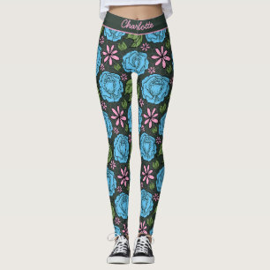 Legging Padrão uniforme floral cor-de-rosa azul personaliz