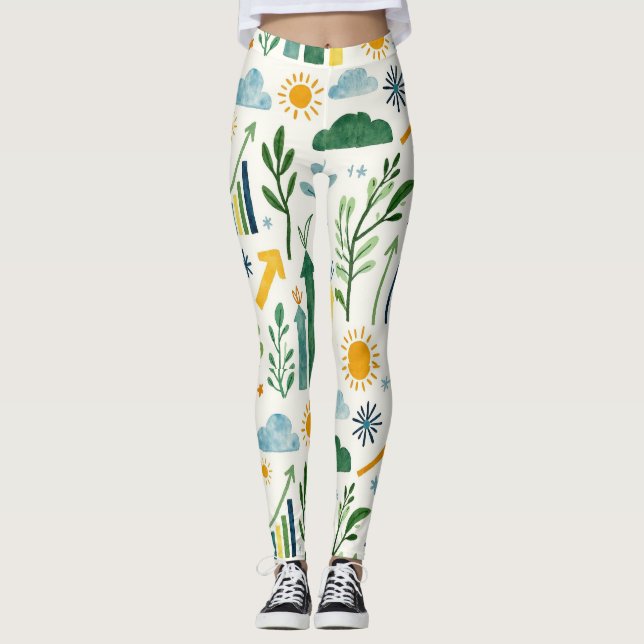 Legging Padrão Verde Amarelo Amarelo Azul Céu Azul Sem Olh (Frente)