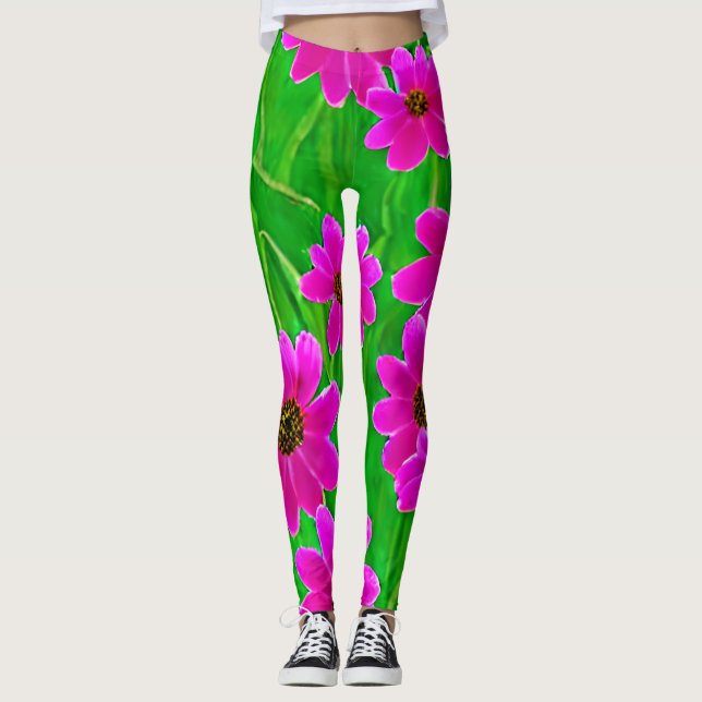 Legging Padrão verde brilhante e flor rosa (Frente)
