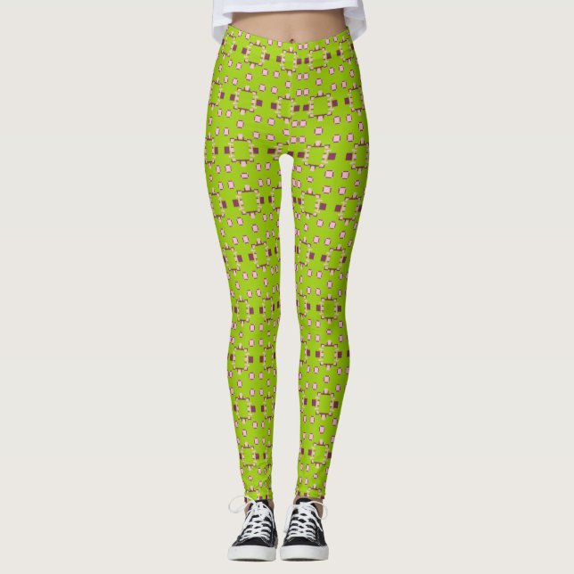 Legging Padrão verde e rosa abstrato com quadrados (Frente)