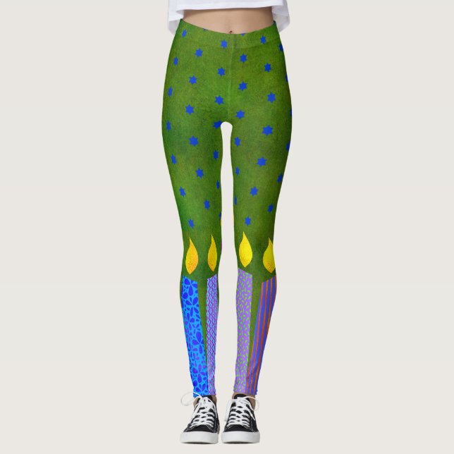 Legging Padrão Verde Hanukkah vela Estrela Azul de David (Frente)