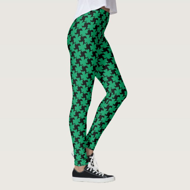 Legging Padrão Verde Shamrock do Dia de São Patrício Preto (Direita)