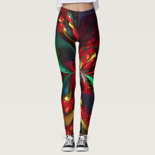 Legging Padrão Verde Vermelho Abstrato Floral Moderno #11